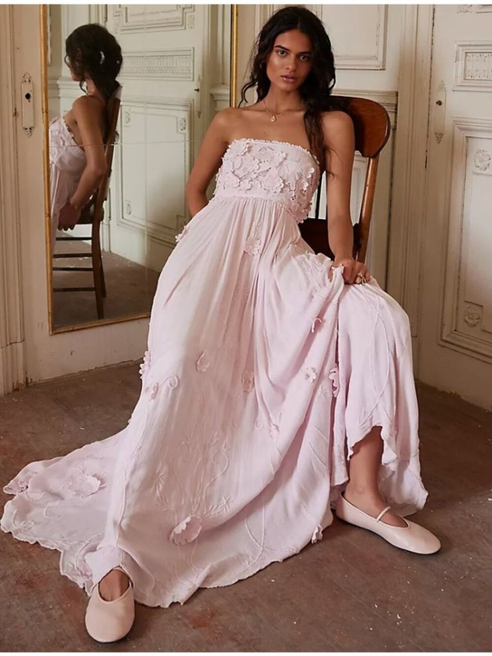 Free People Rosa Maxi Dress Size Medium 3D Floral Blush Peach Pink